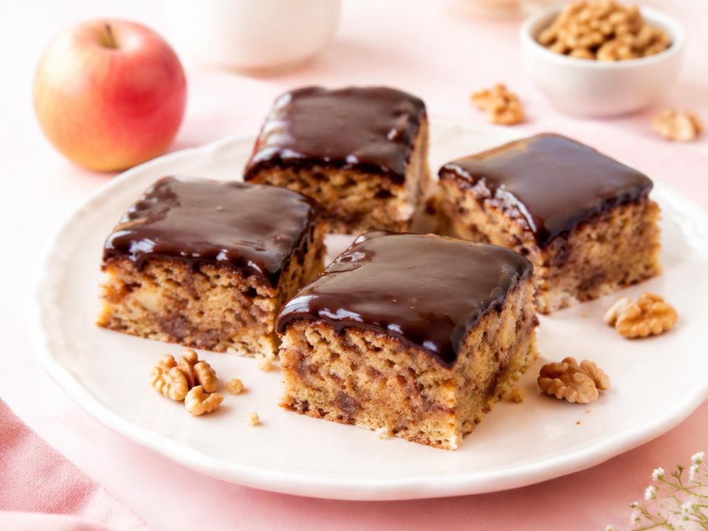 Sočne jabolčne kocke z orehi in čokoladnim oblivom